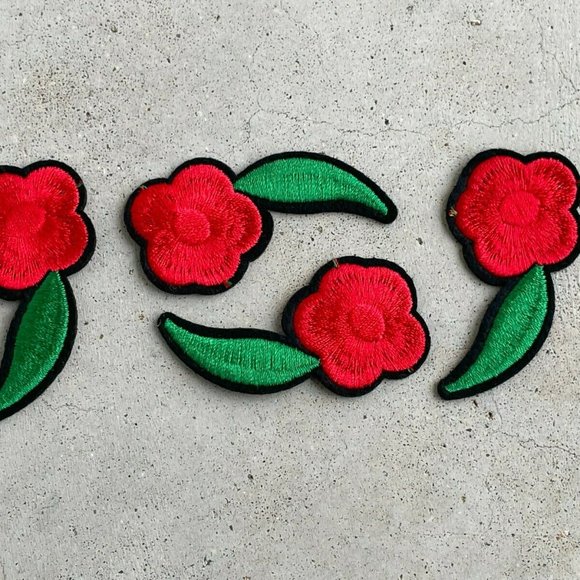 Red Flower With Green Leaf Patches Iron On Embroidery Applique Patches Lot of 4 - Picture 2 of 9